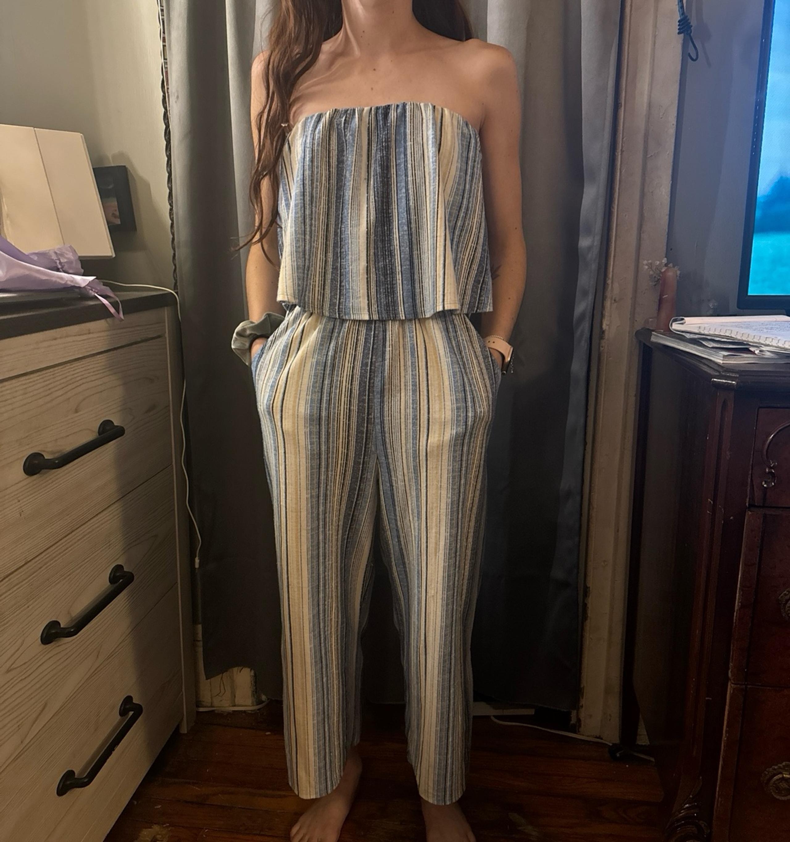 Bebop Strapless Jumpsuit Blue/Periwinkle with Pockets and Stripes