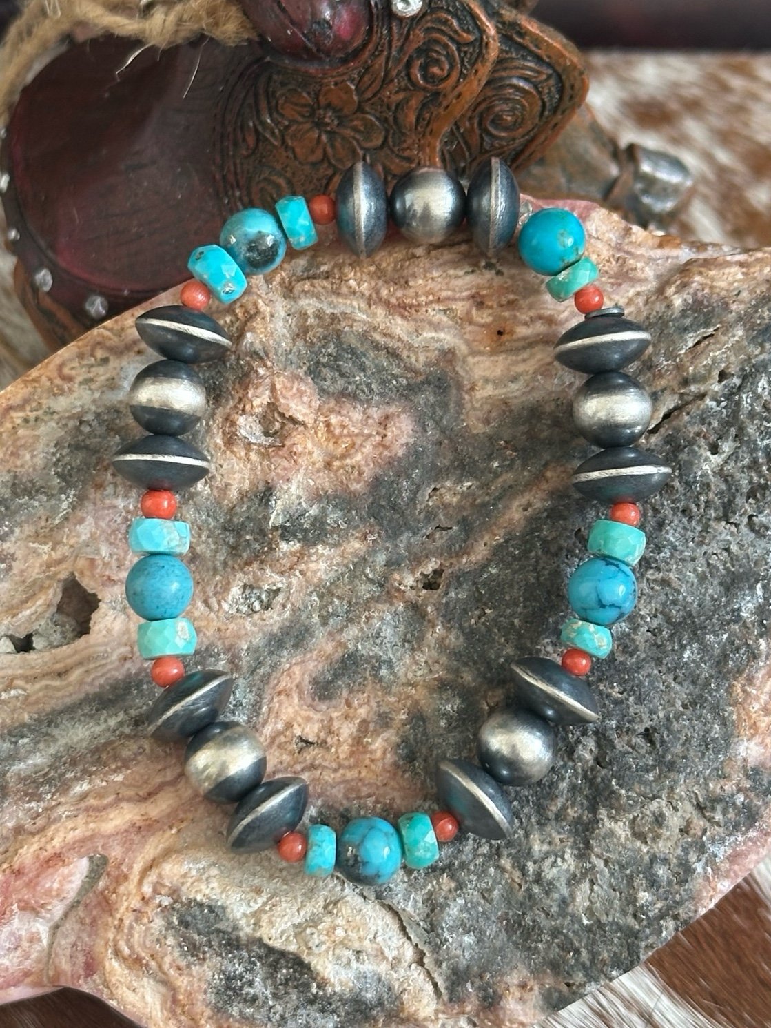 Sterling Silver Pearls and Saucers Turquoise and Coral Stretch Bracelet