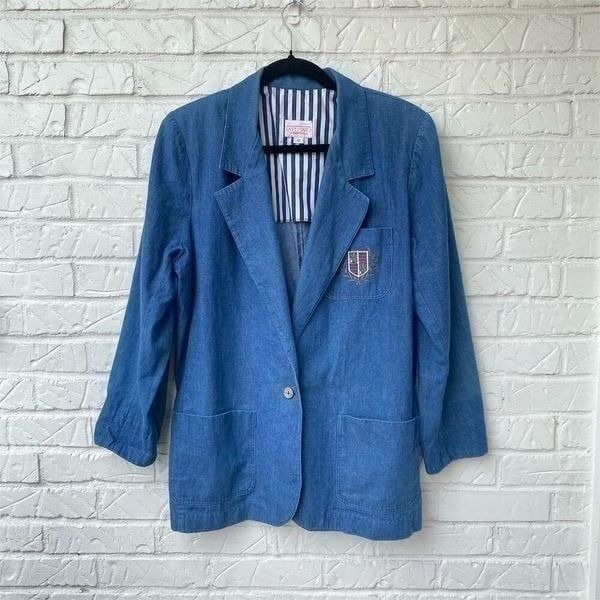 Anne Marie Women's Vintage Denim Long Blazer Size 12 Blue Embroidered Crest