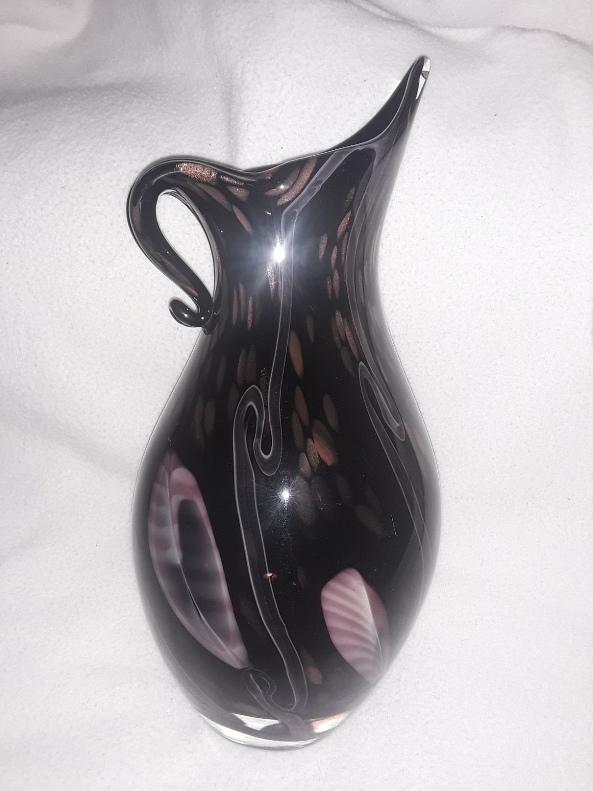 Murano Hand Blown Glass Pitcher Deep Purple Gold Flecked Dot 14 MCM Retro