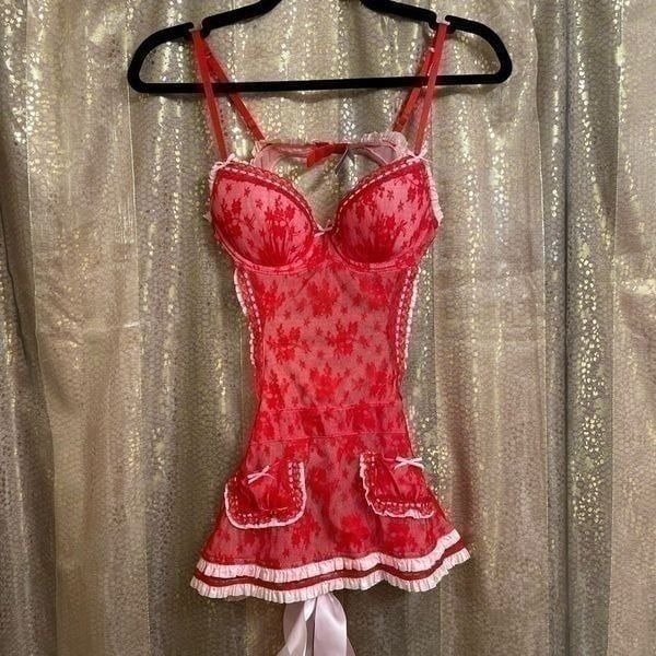 Victorias Secret Vintage RARE Red White Babydoll Tie Back Lingerie 34B S