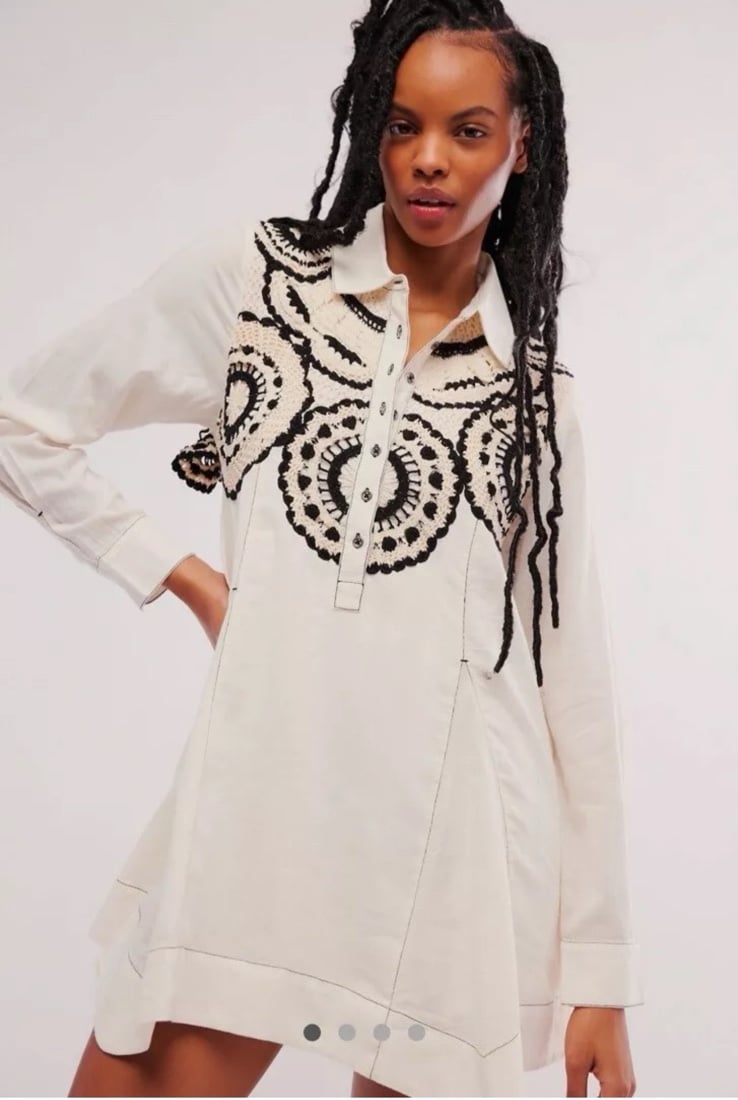 Free People Mirage Mini Dress Crochet Detail Cutout Smocked Back Ivory Black