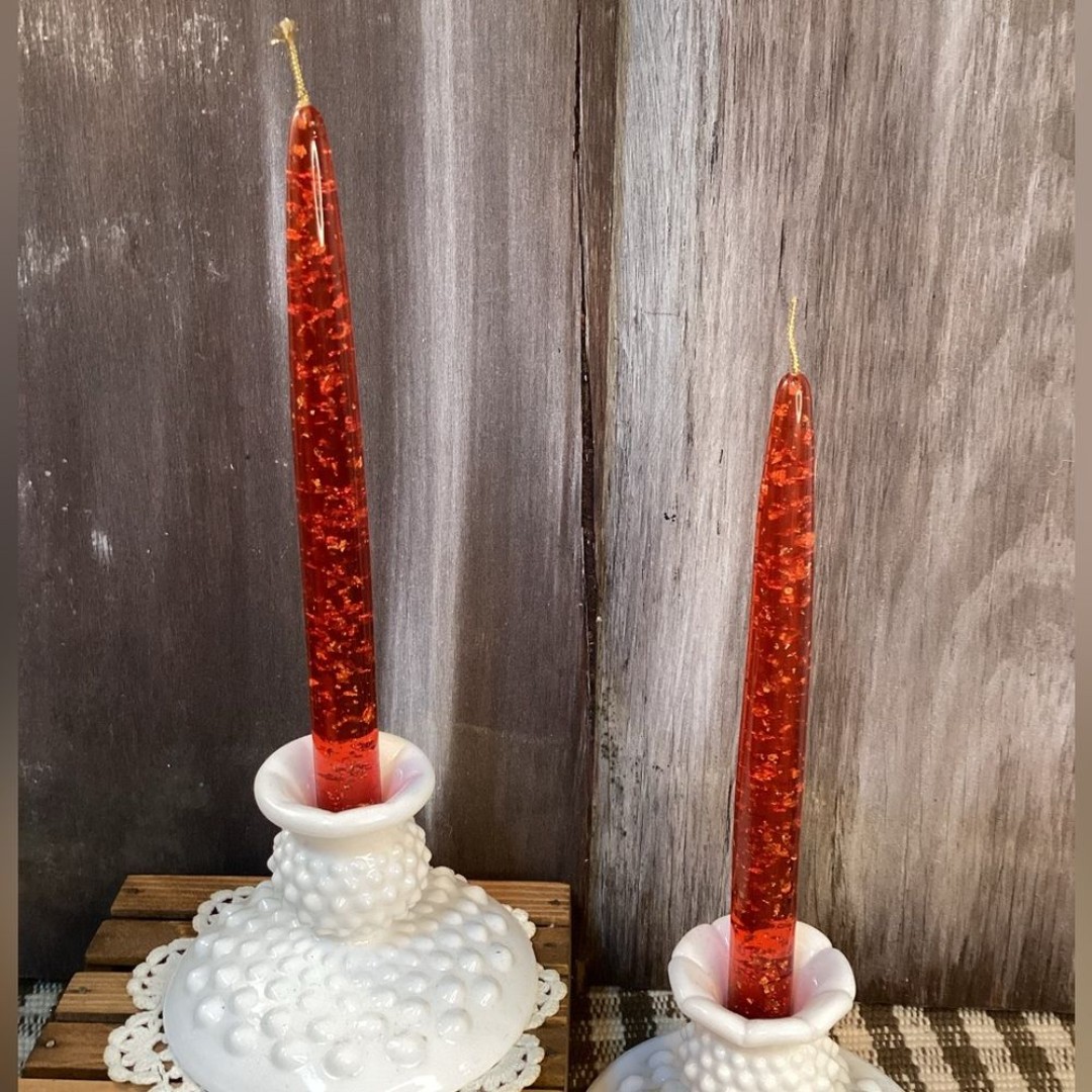 Vintage Pair Red Lucite Holiday Tapper Candles w/ Gold Flakes Christmas MCM