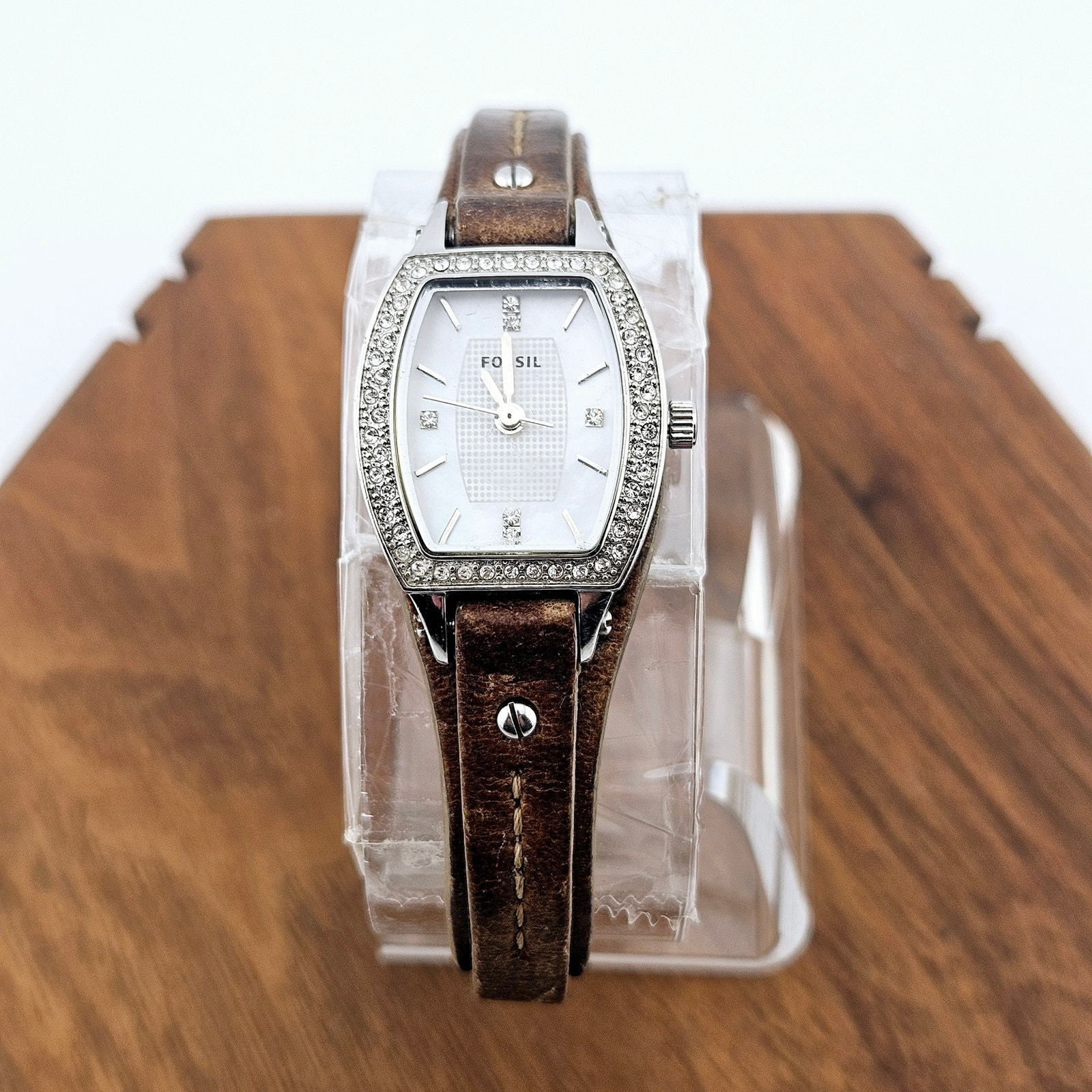 Fossil Women's Rounded Square Crystal Accent Watch Brown Leather Band JR-1333