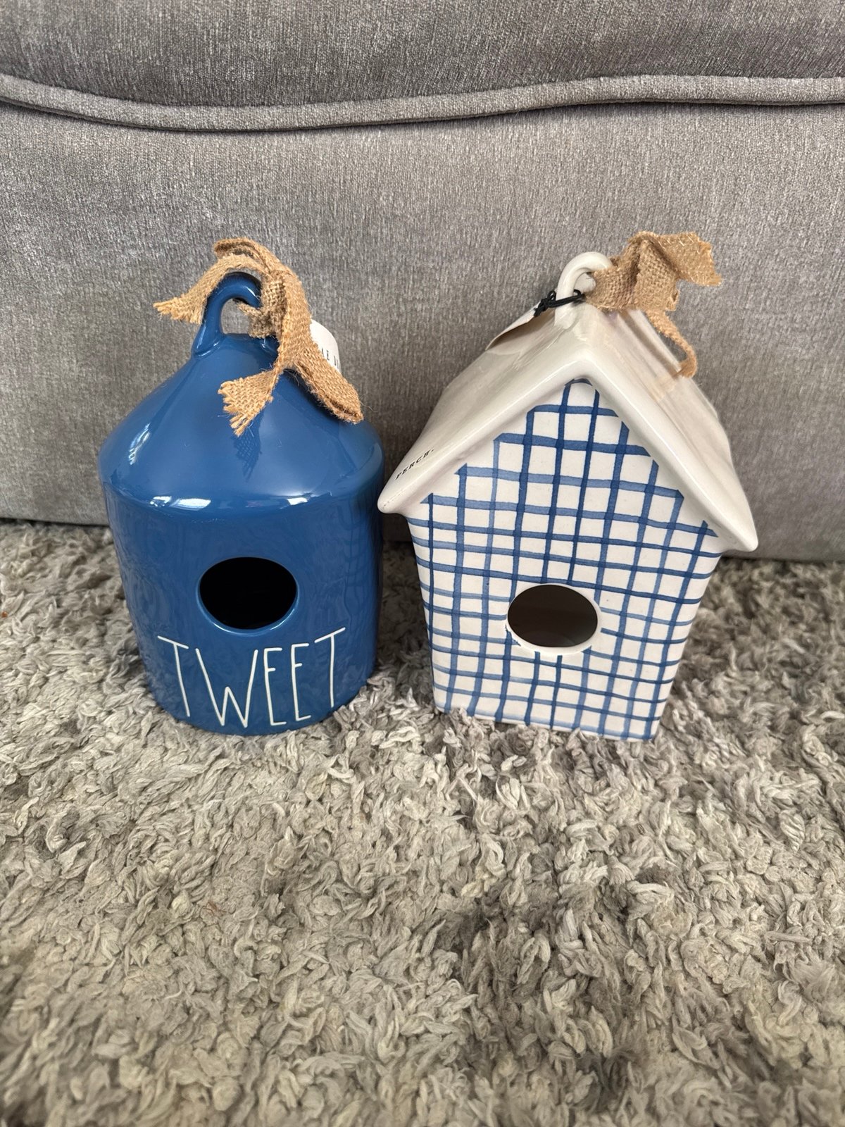 Rae Dunn gingham plaid perch and blue tweet birdhouses