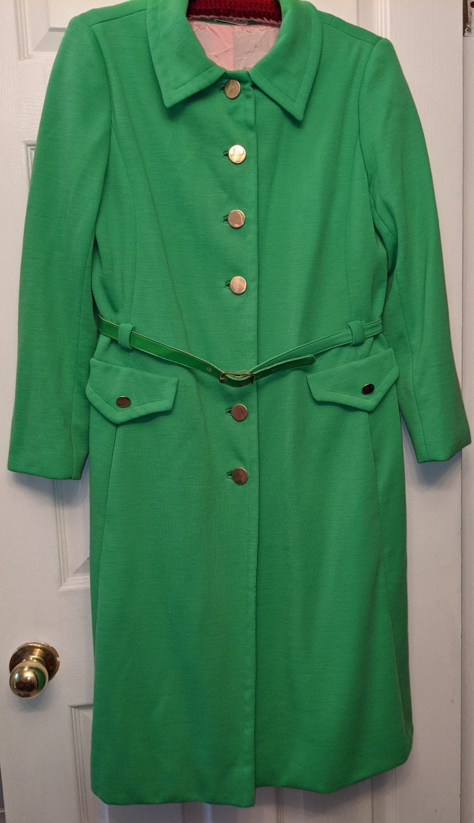 Vintage duster green coat jacket Bullock's trench 1950s 1960s belt retro Size 14