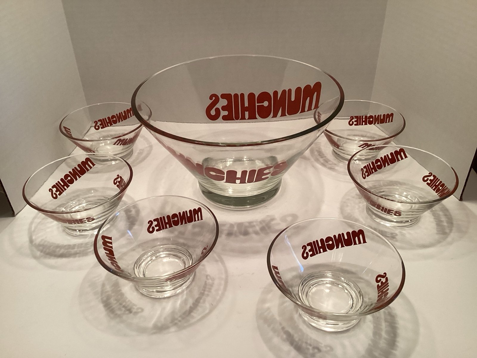 Vitange Wheaton Glass MUCHIES 7 Piece Bowl Set MCM 1970’s Red Letters