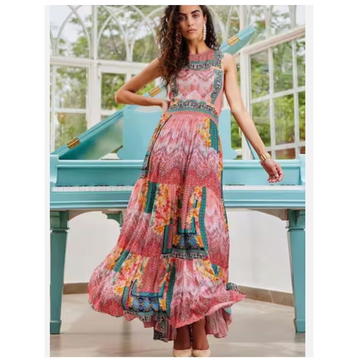 Anthropologie Bhanuni Jyoti Alessandra Maxi Dress Sz 4 Boho Patch Mixed Print