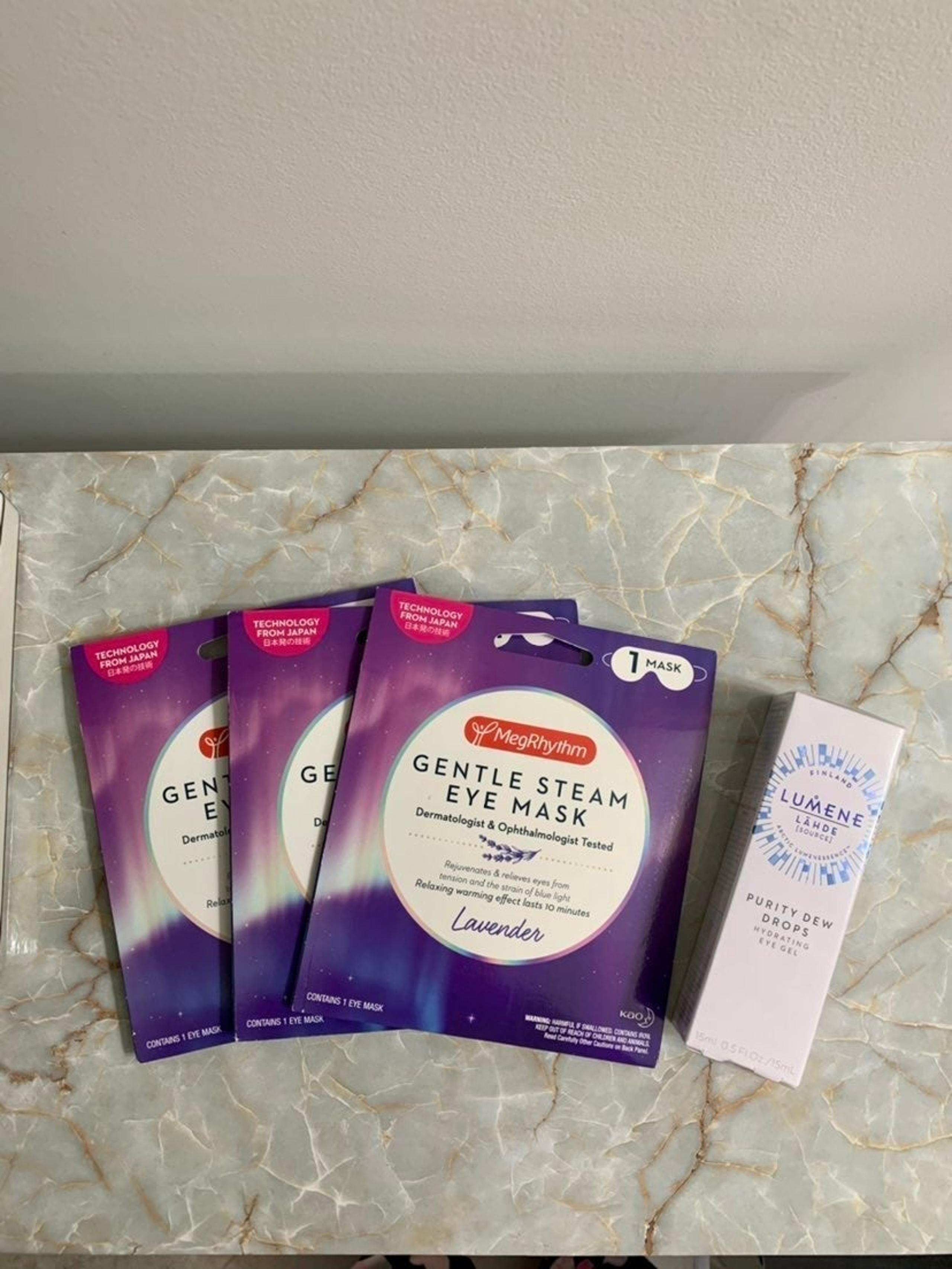 3x MegRhythm Gentle Steam Eye Masks and NEW Lumene Purity Dew Drops Eye Gel