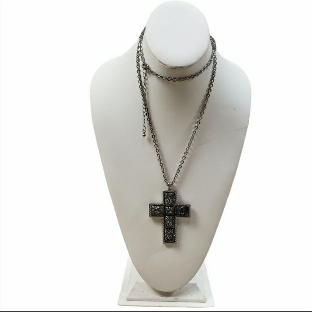 Gunmetal Toned Bling Hammered Cross