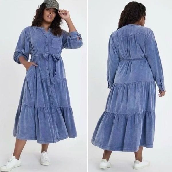 Anthropologie Pilcro Marta Blue Tiered Corduroy Midi Dress | M