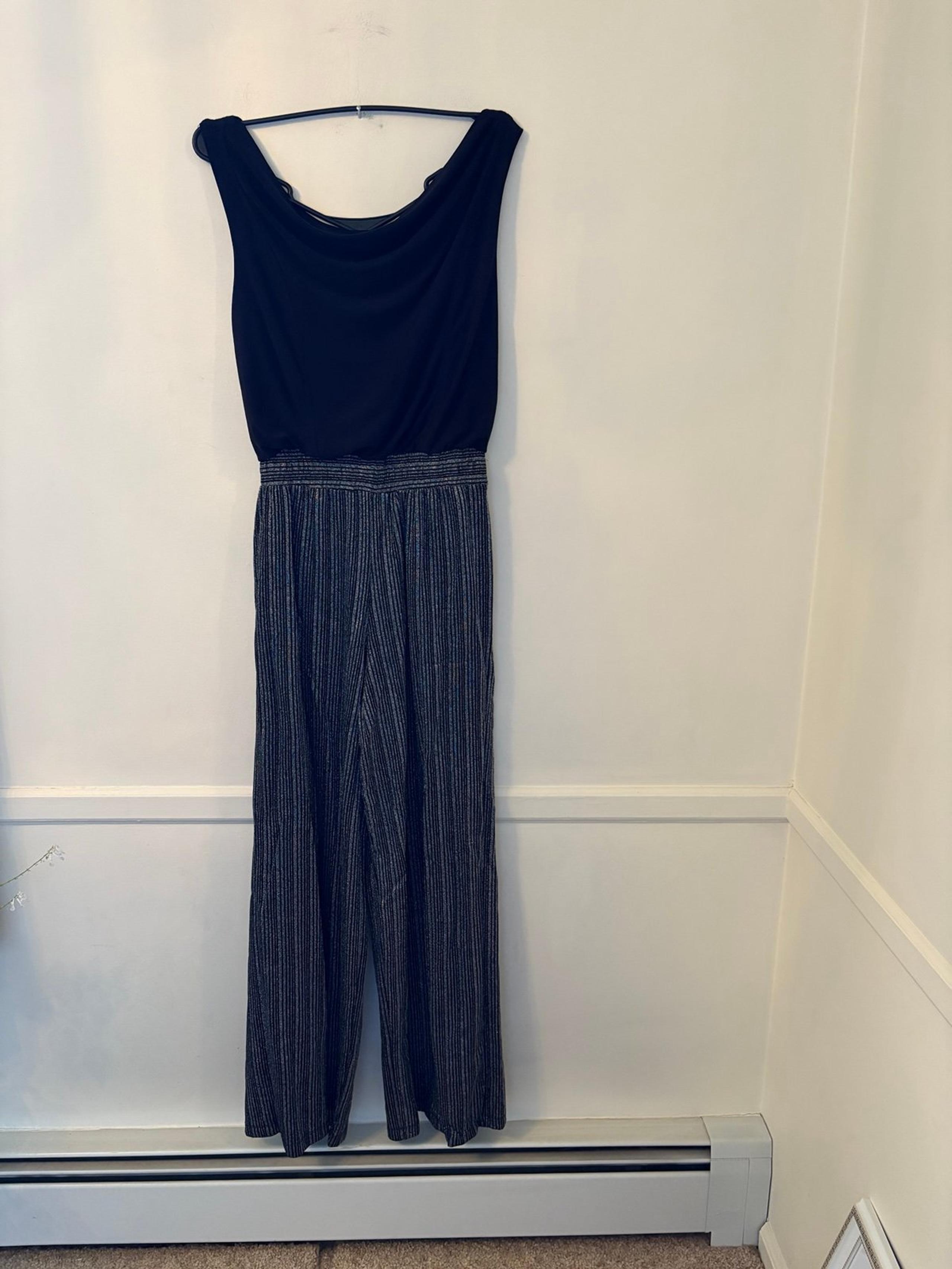 Emma&Michele Womens Jumpsuit.Sleeveless-Black w Silver &Black Stripe - Sz M