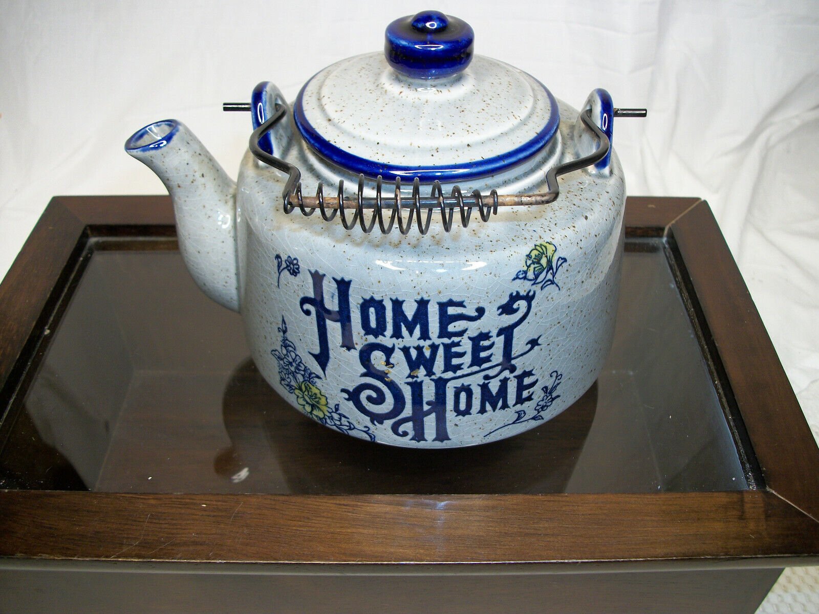 Ceramic Kettle Style Teapot Metal Handled Home Sweet Home, Made in Japan