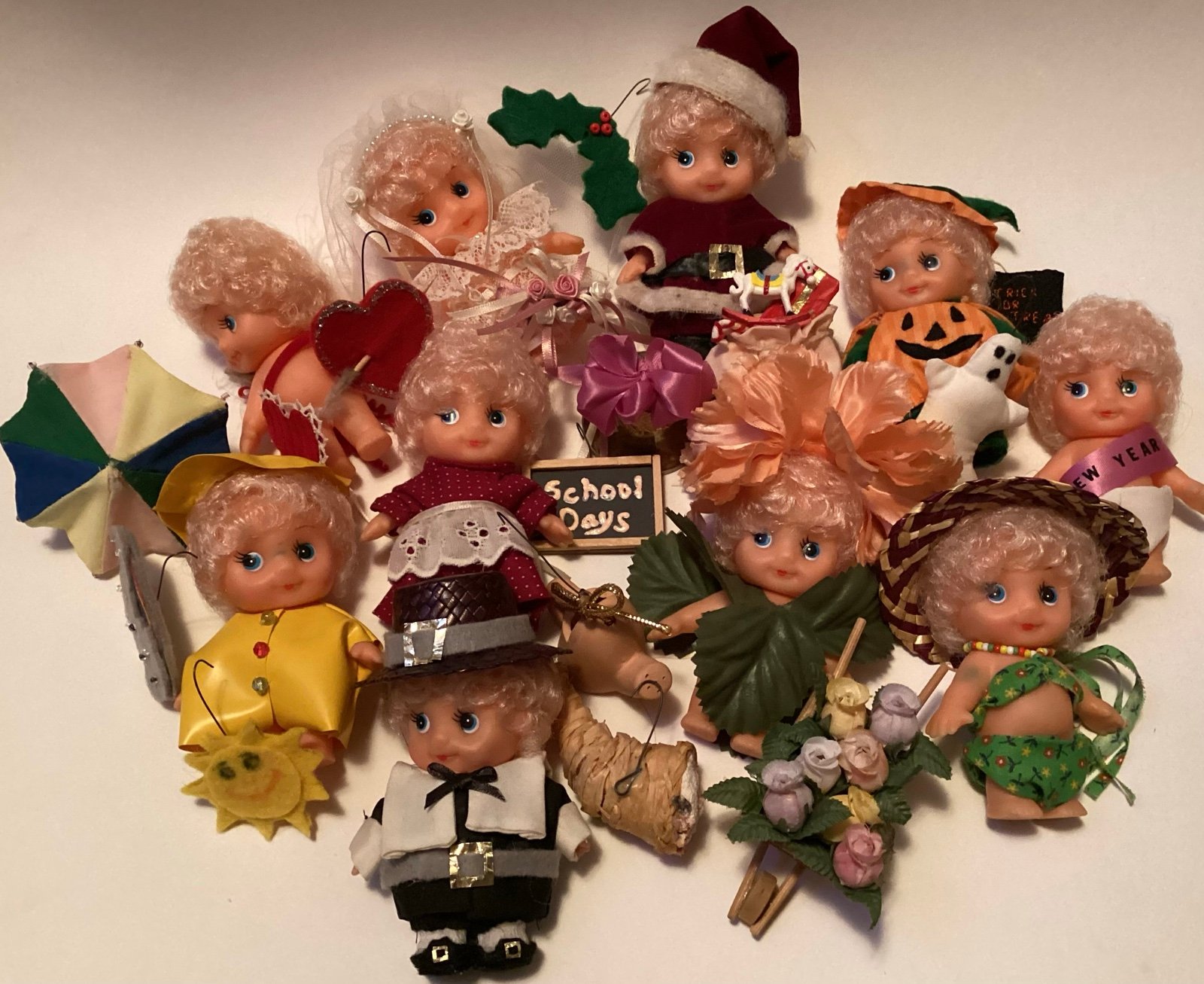 Fun Lot of 10 Mini Vinyl Dolls Christmas Thanksgiving New Years Halloween Flower
