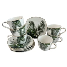 Longfei China Porcelain Square Tea Set of 12 Saucers Tea Cups Palm Fronds Modern