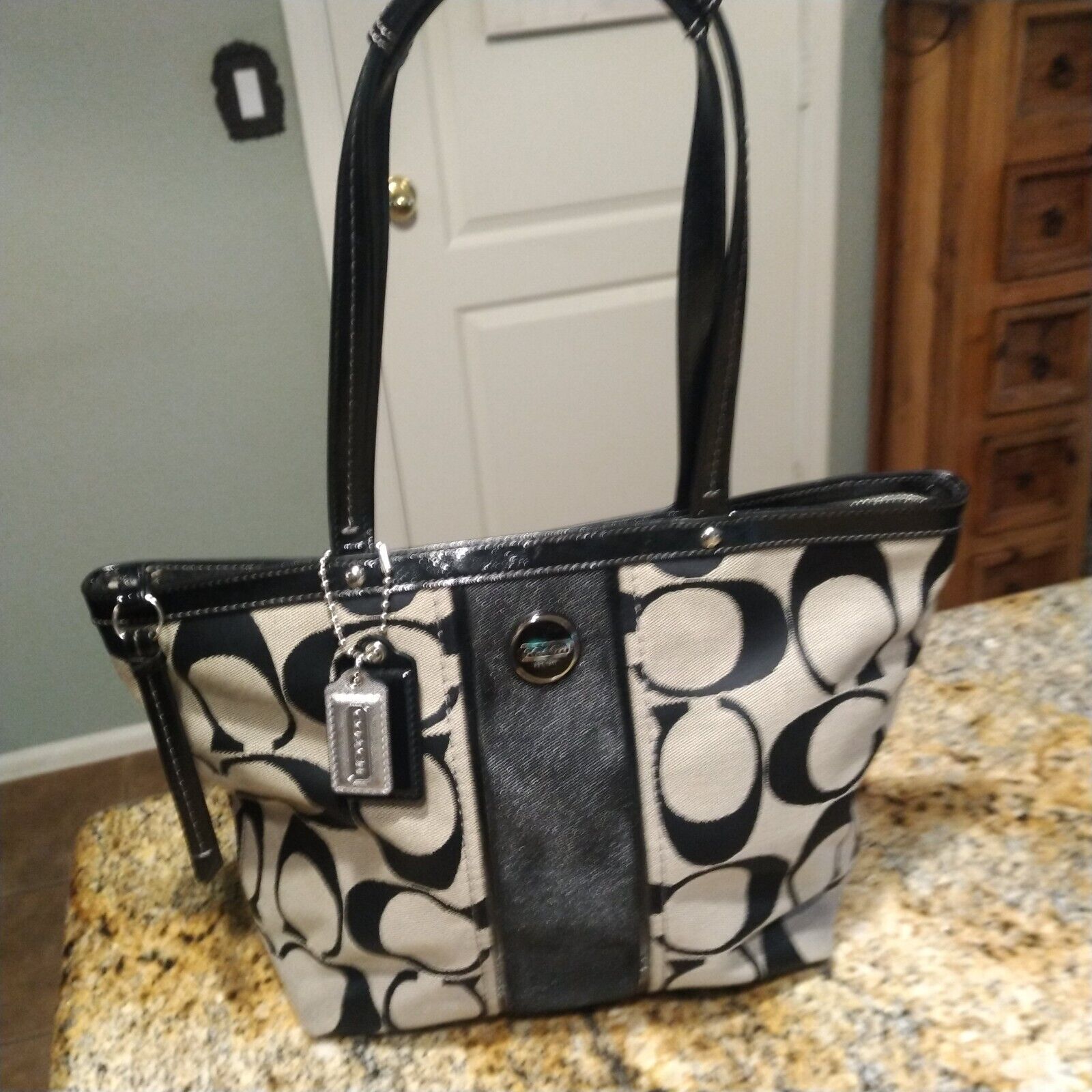 Coach Signature Black Canvas Stripe Tote Shoulder Bag Handbag Purse F21950 EUC
