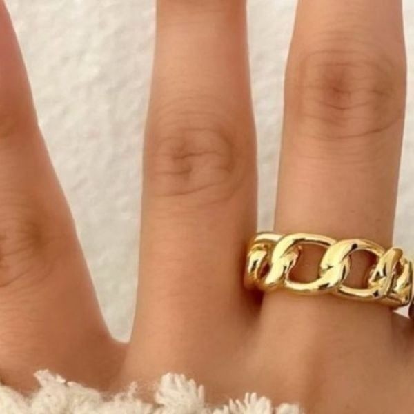 925 Sterling Silver Cuban Link Chunky Adjustable Chain Ring Gold Plated