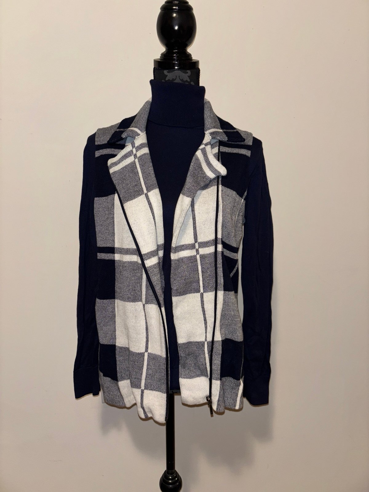 2 PC Chaps Navy Plaid Asymmetrical Full Zip Up Sweater Vest With Navy Turtleneck