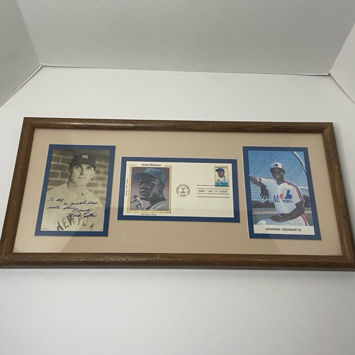 Framed Nick Etten & Warren Cromartie Auto and Jackie Robinson Envelope Stamp