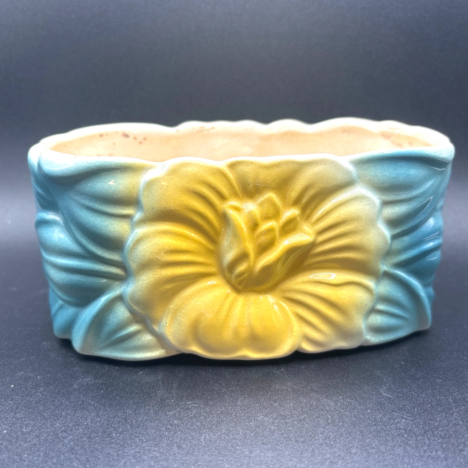 Vintage 1940s Royal Copley Floral Hibiscus Ceramic Planter with Yellow/Blue