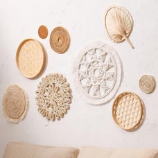 Set of 9 wall basket decor hanging boho Rattan Flat Woven Macrame Tassels