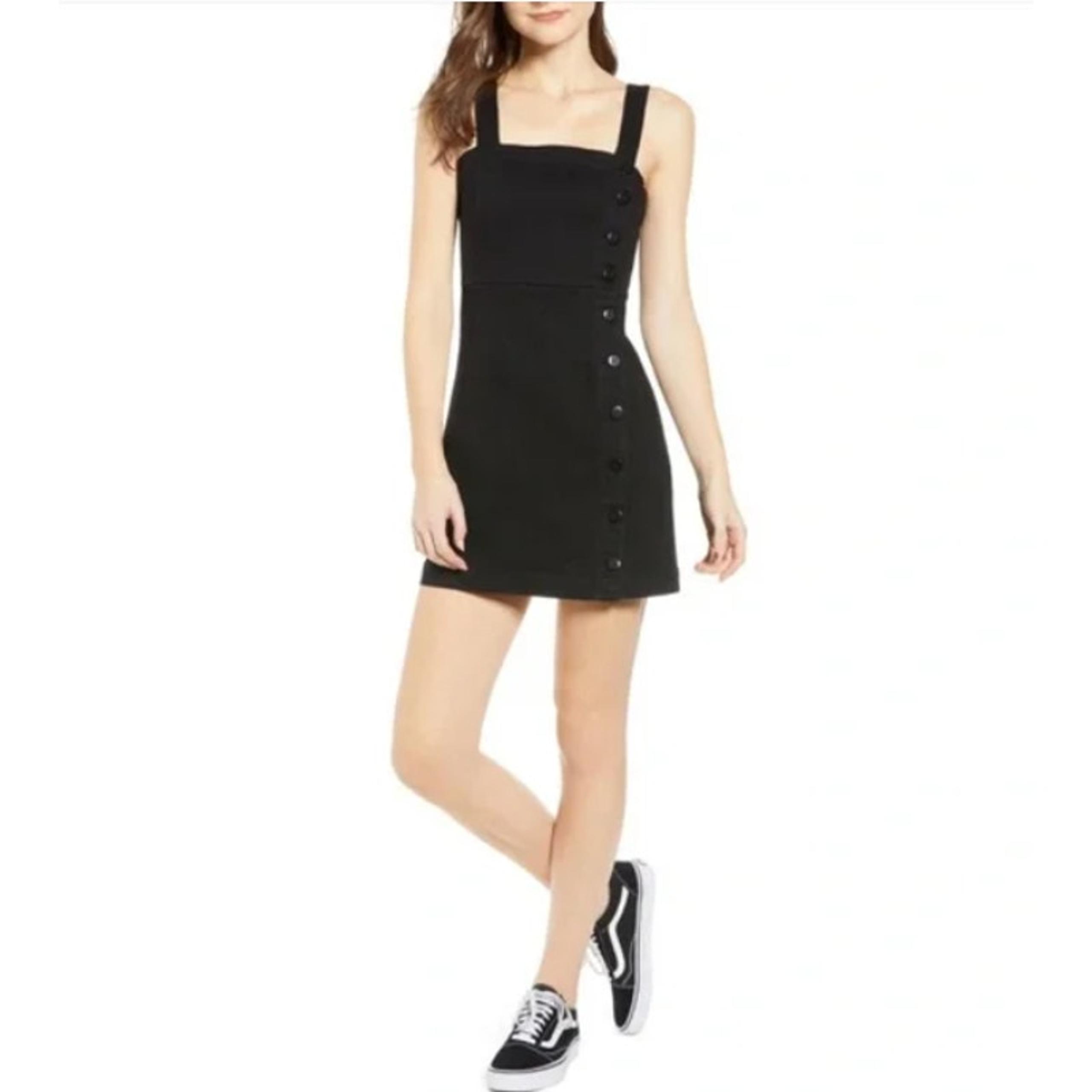 Ten Sixty Sherman Side Button Square Neck Denim Dress Sleeveless Black Womens L