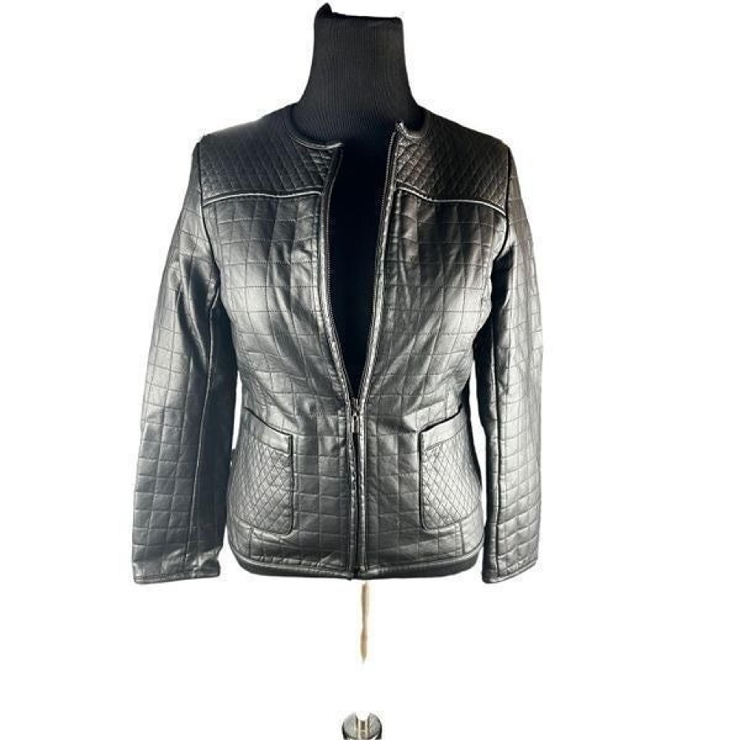 Joan rivers motorcycle faux leather quilted biker black zip up jacket XS (4)