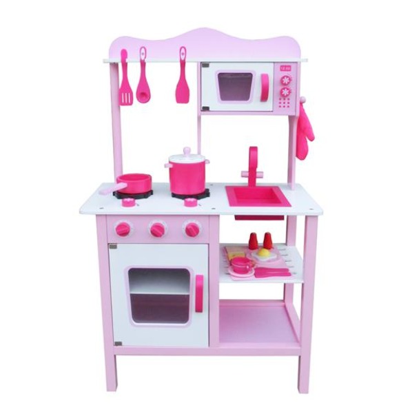 Kids Pretend Play Wooden Kitchen for Girl Cooking Food Playset Pink