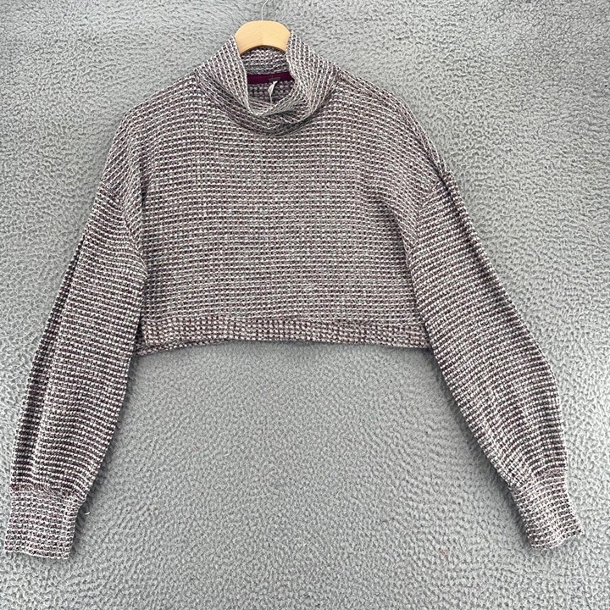 Free People Sweater Womens Small Burgundy White Mock Neck Cropped Stretch Knit