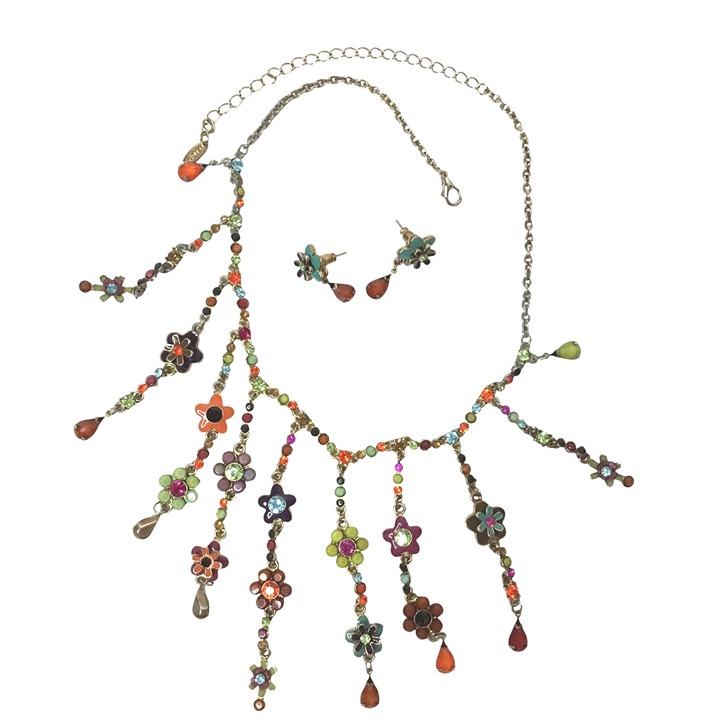 VCLM Women Vintage Enamel Floral Fringe Necklace Earrings Set Boho Festival Art