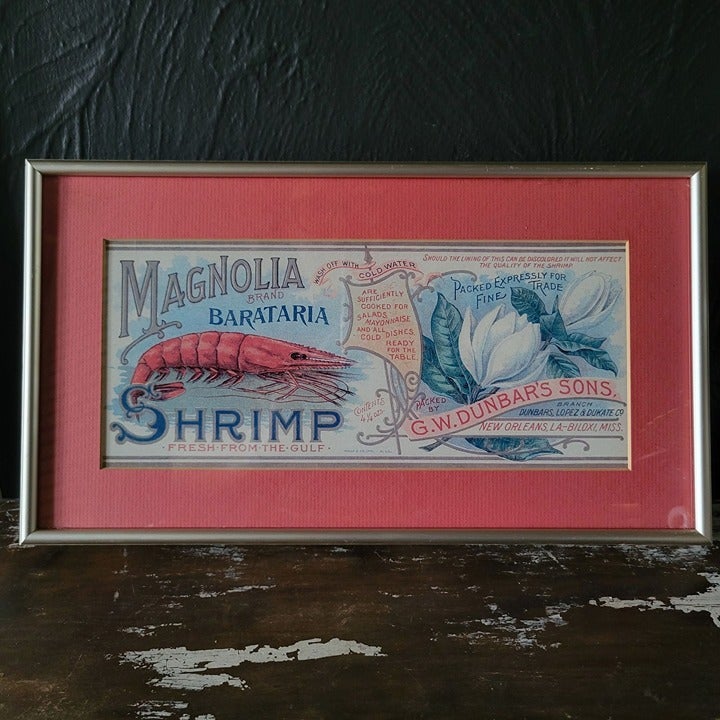 Vintage Magnolia Brand Barataria Shrimp Advertisement Framed, G.W. Dunbar's Sons