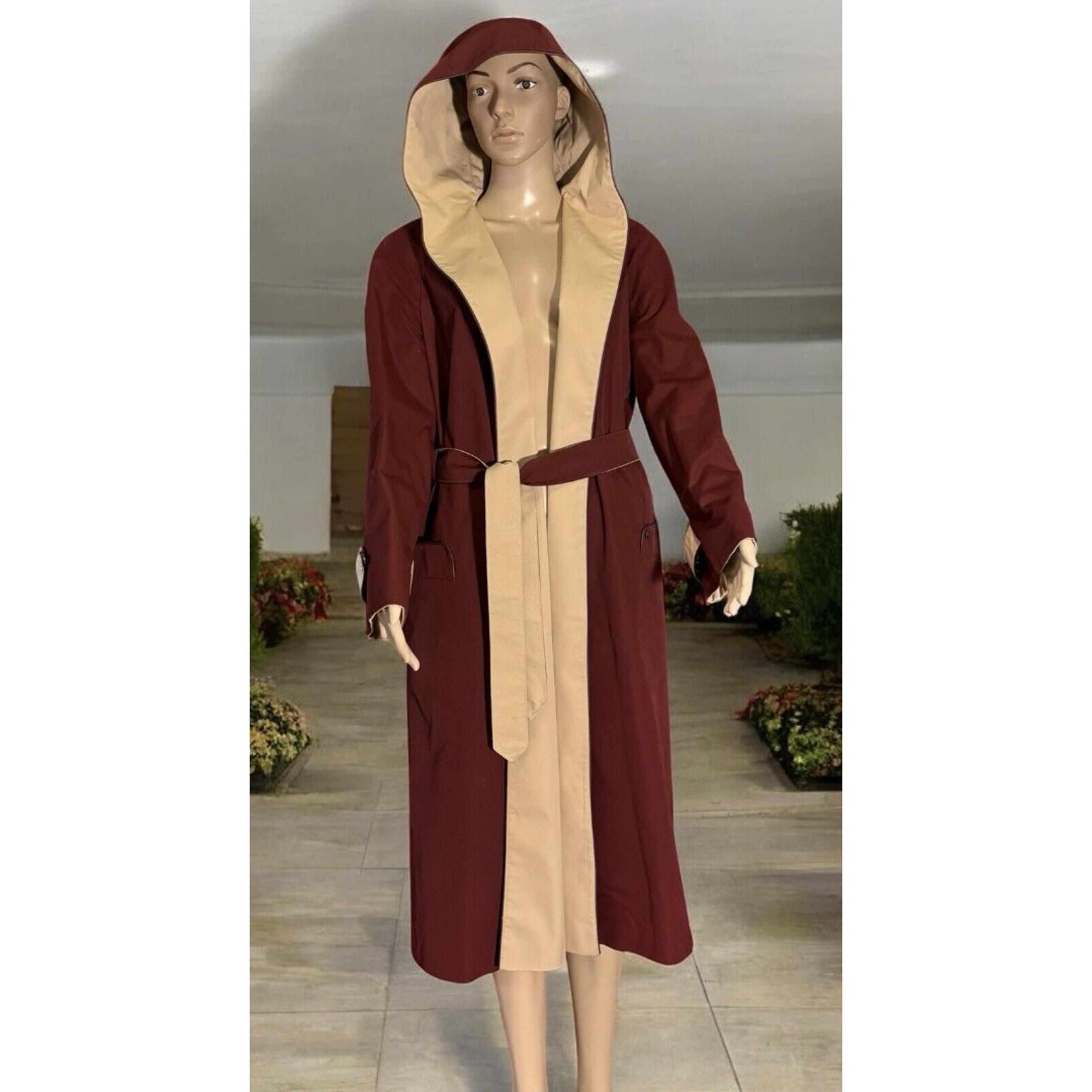 Etienne Aigner Reversible Hooded Trench Coat Size 12 Burgundy Khaki VTG belted