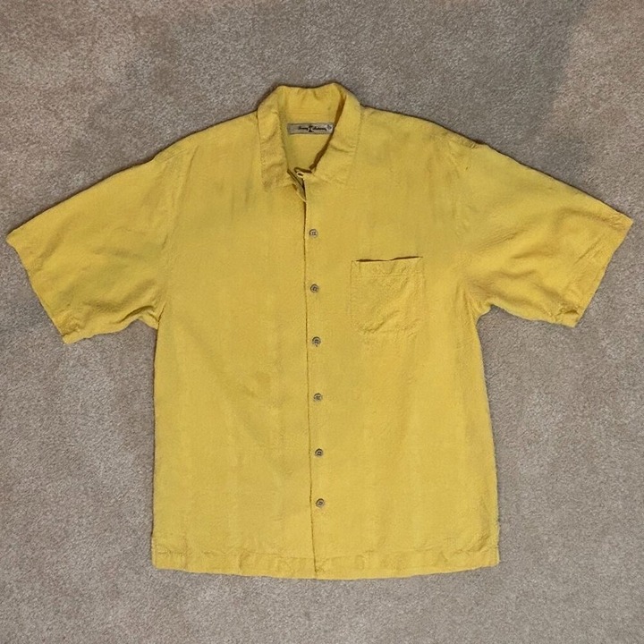 Tommy Bahama Yellow Silk Shirt Palm Embroidery Pattern Button Down - Size M