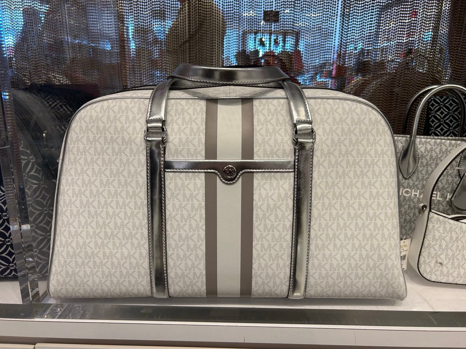 Michael Kors Jet Set Travel XL Striped Mk Logo Weekender Bag Silver