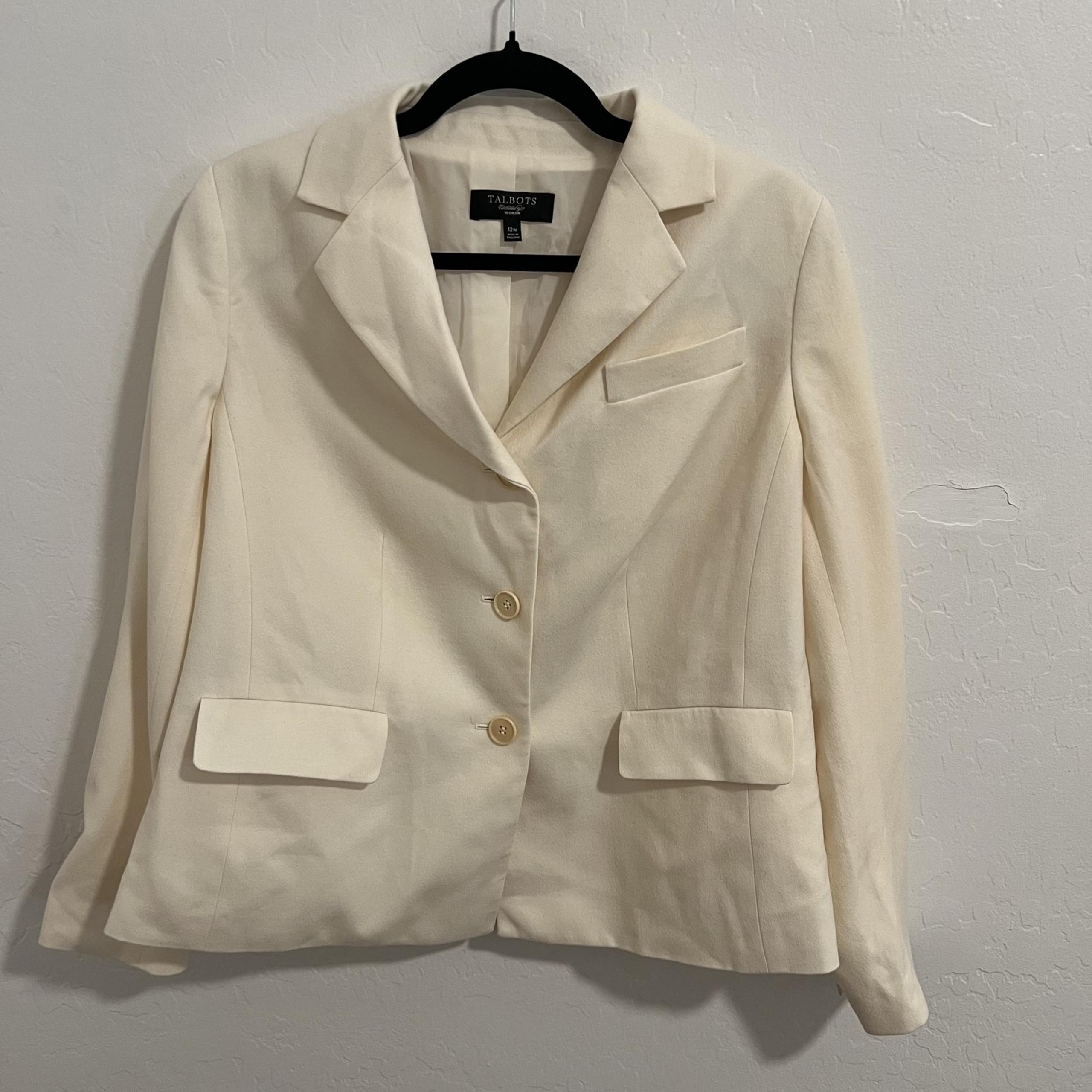 Talbots Blazer Womens 12W Ivory Wool Blend Two Button Lined Suit Jacket Career