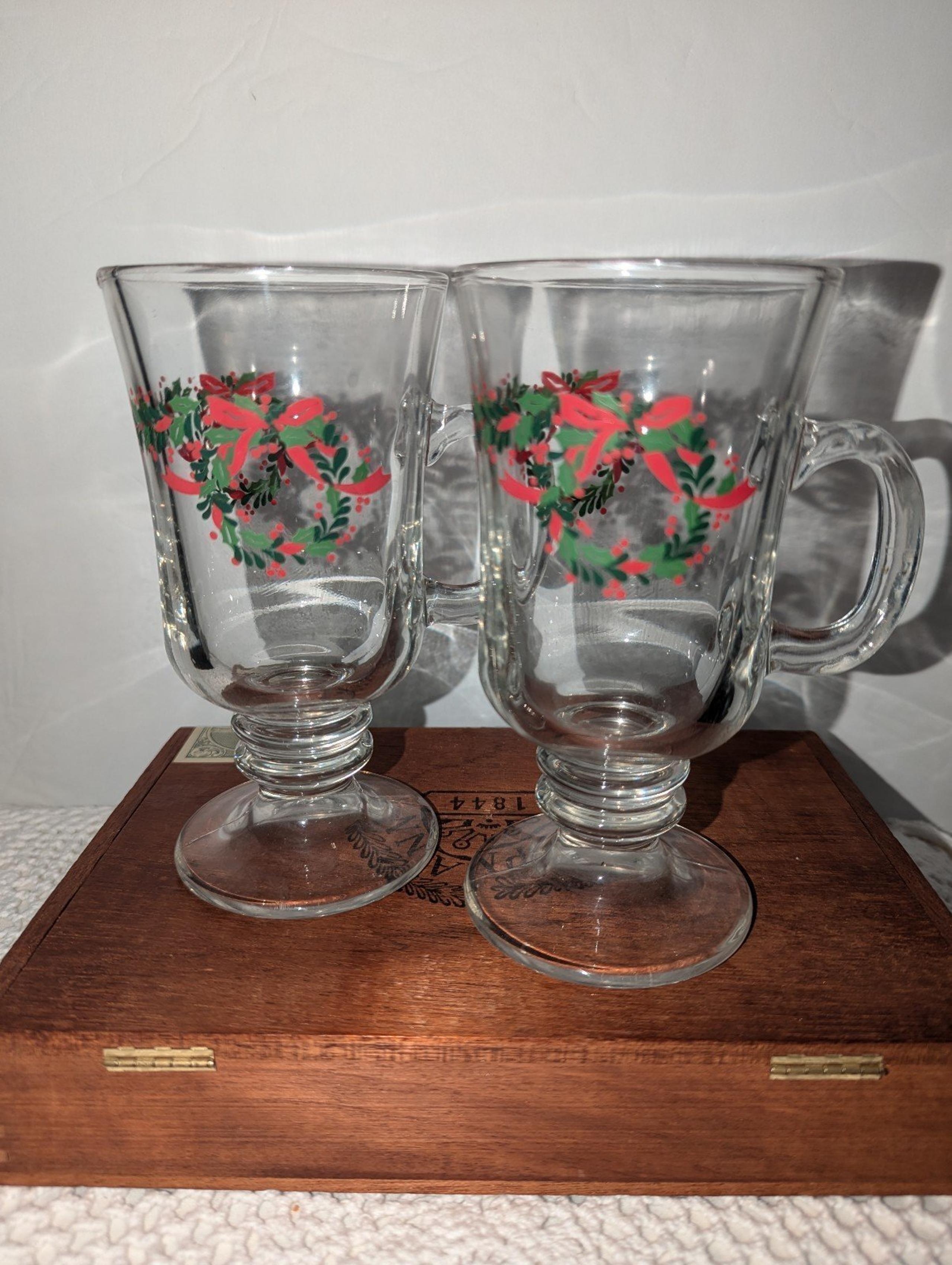 2 Vintage Libbey Christmas Glass Tall Mugs on Pedestal