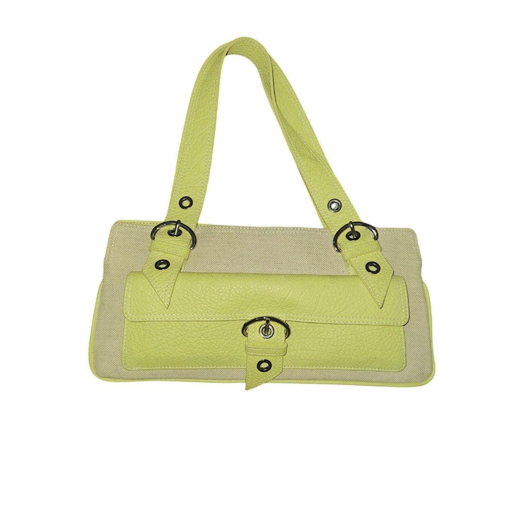 SUAREZ NEW YORK Lime Green Leather Canvas Body Satchel Silver Grommets