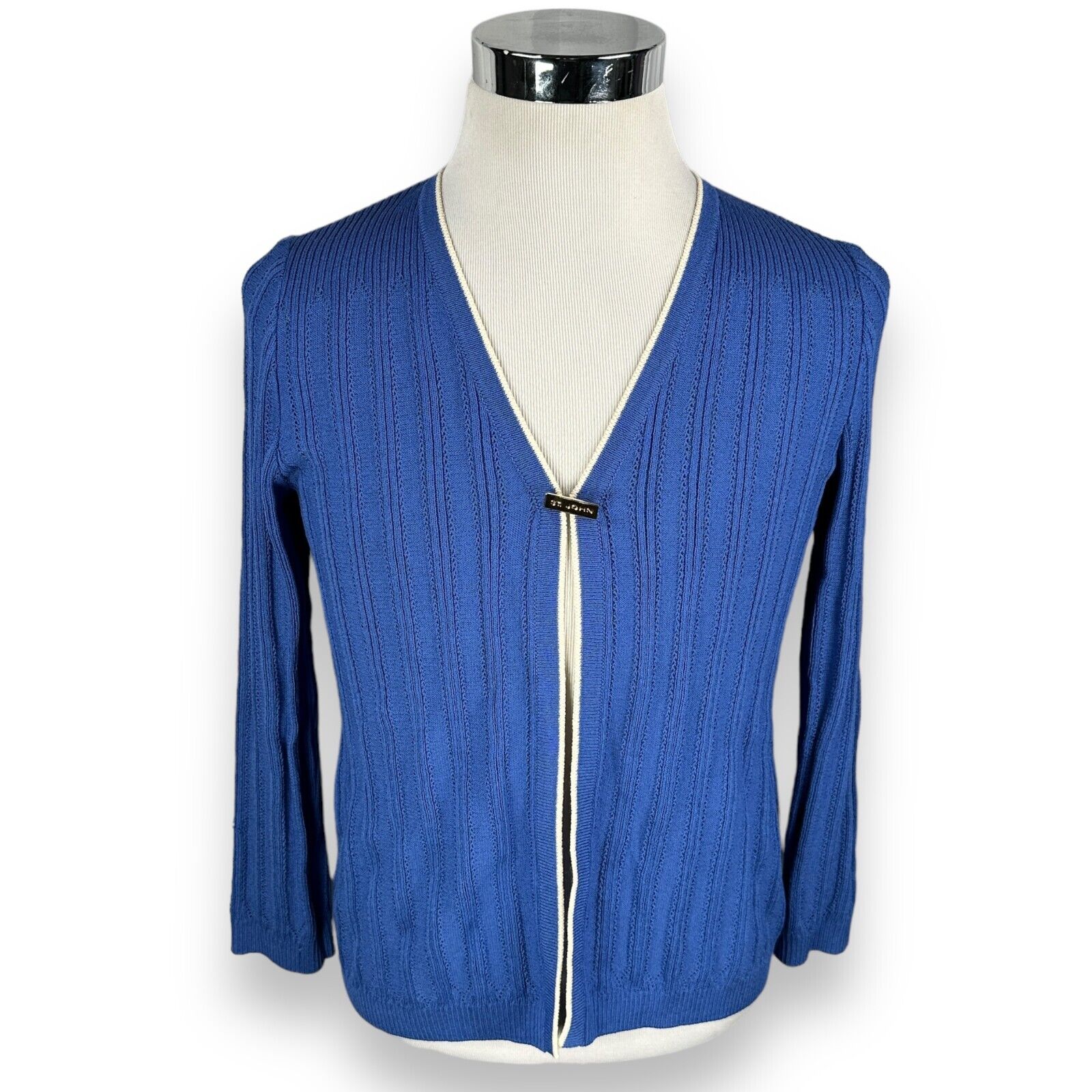 St John Cardigan Sweater Women's 4 Blue Cable Knitted Ribbed Pin Loop Closure