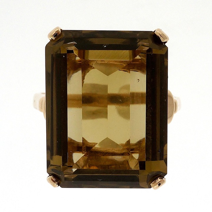 19.85Ct Natural Emerald Cut Brown Topaz Solitaire Ring 14k Yellow Gold