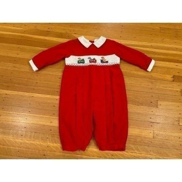 Friedknit Creations Christmas Red Corduroy Smocked embroidered jumpsuit NWT.