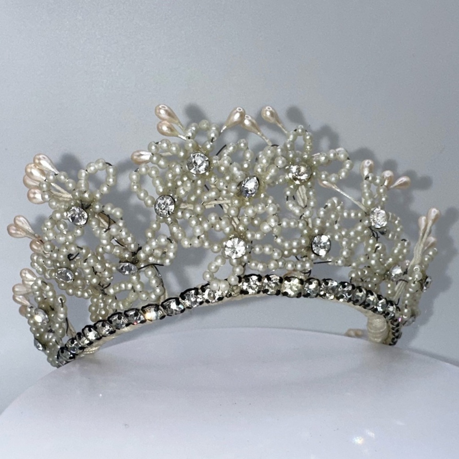 Vintage 1950s white wax faux pears glass rhinestones bridal wedding crown tiara