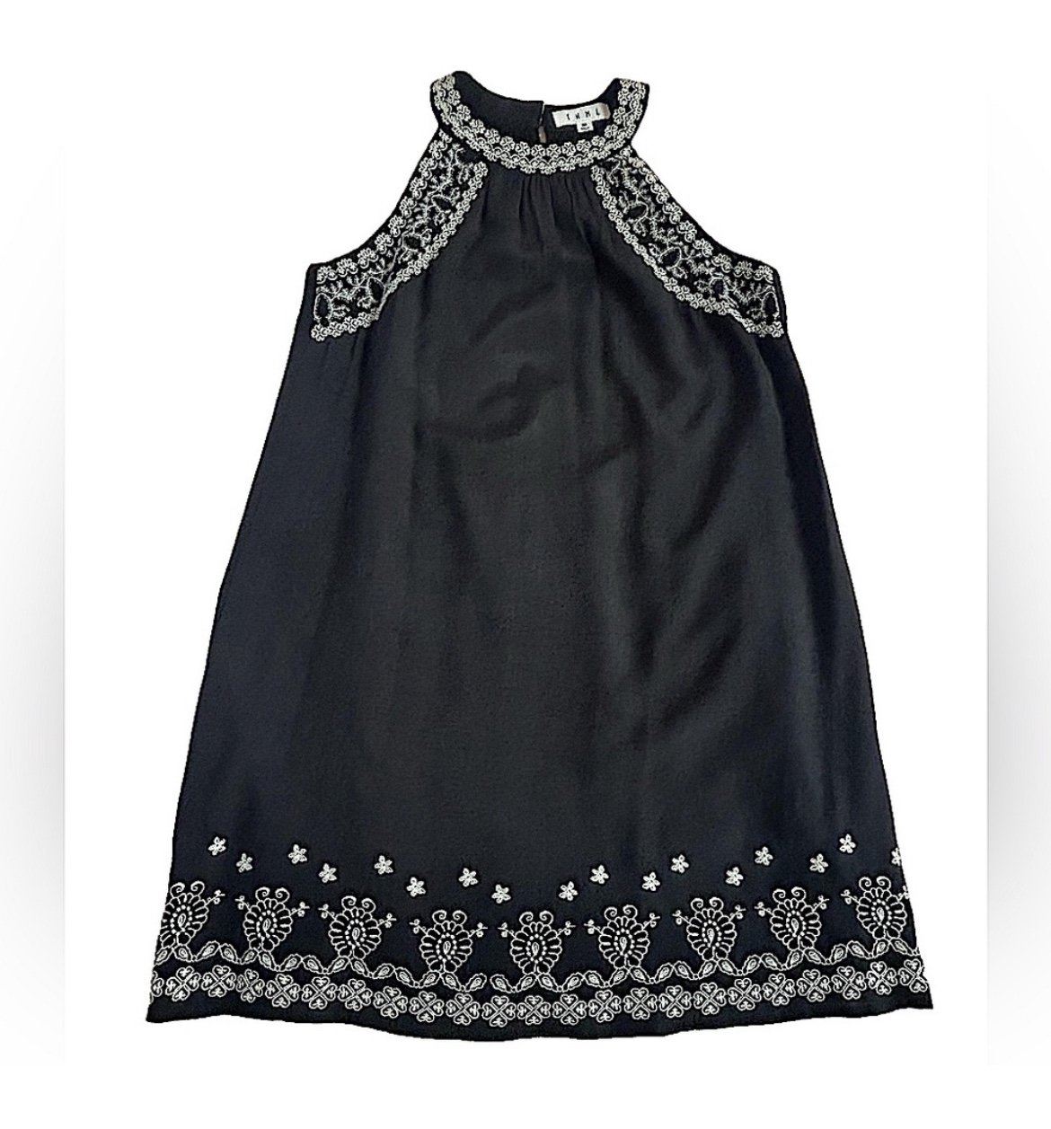 THML black boho chic, sleeveless mini dress with white embroidery details. SZ SM