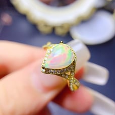 Fire Opal Pear Shape Ring, Natural Fire Opal Women's RIng Gold Plated Silver
