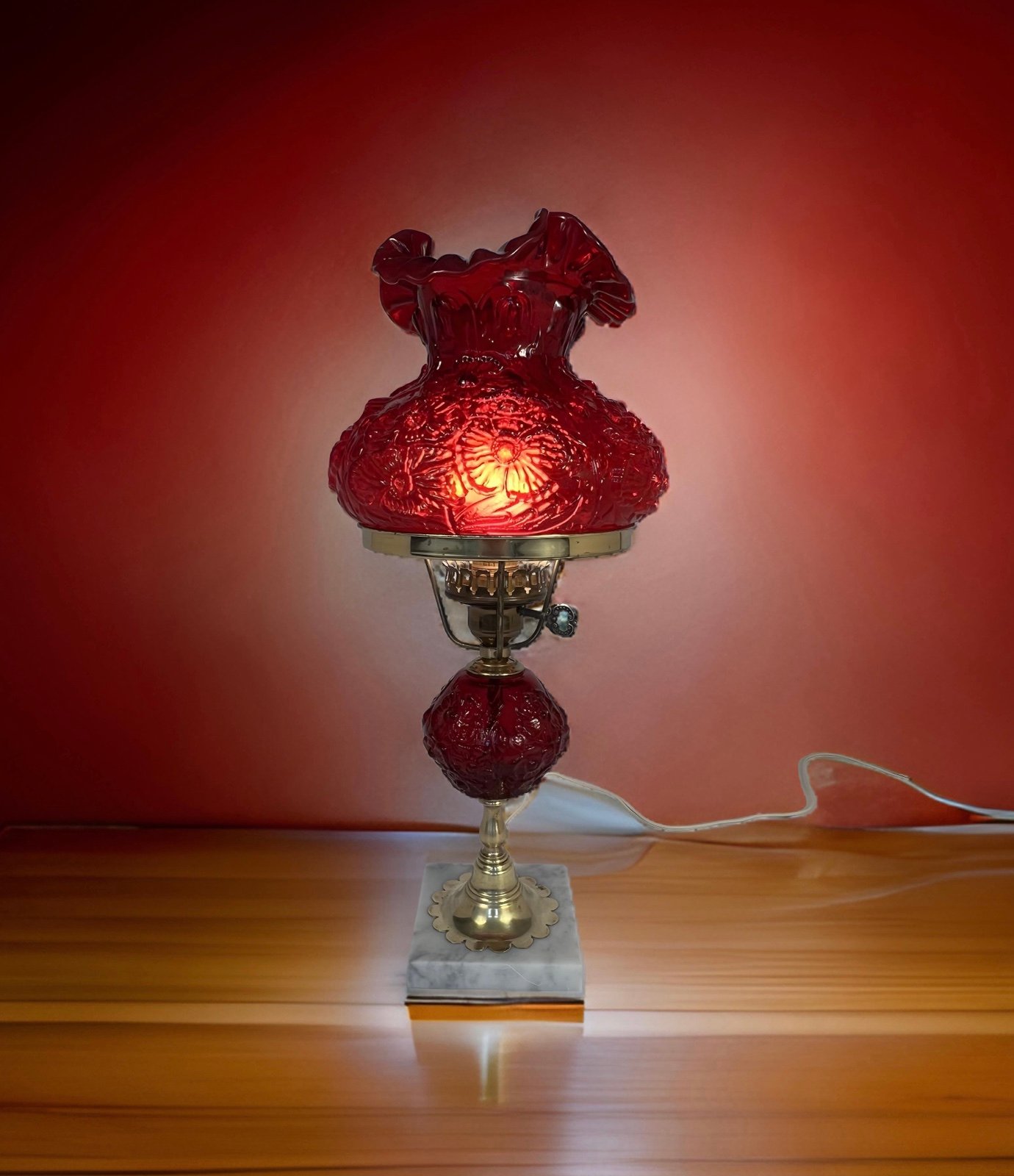 Vintage Fenton Red Poppy Gone With The Wind Lamp 19-1/2” Tall