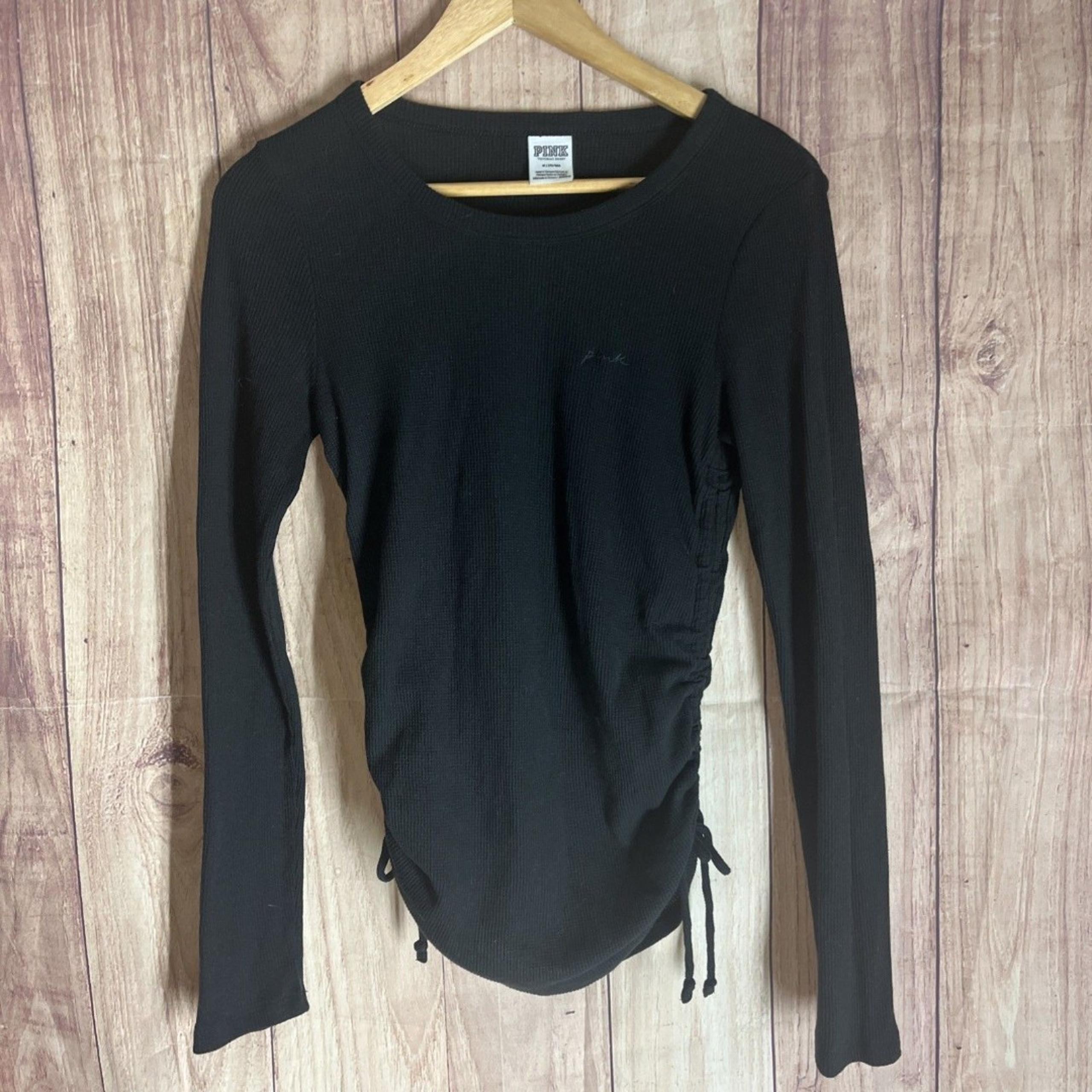 Woman’s PINK Black Waffle Knit Elastic Tie Sides Long Sleeve T-shirt Top Medium