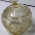 Vintage Vaseline Glass etched hearts and flowers unique shape dish w/ lid GLOWS