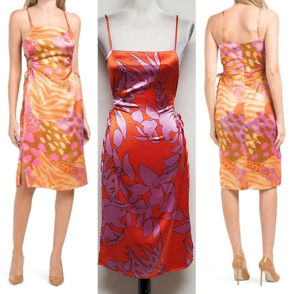 Christian Lacroix Orange Purple Retro Floral Print Satin Cut-out Midi Dress XS