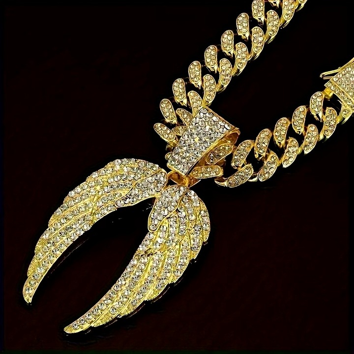 Angel Wing Pendant & Iced Cuban Cubic Zirconia 18 Chain Necklace Jewelry