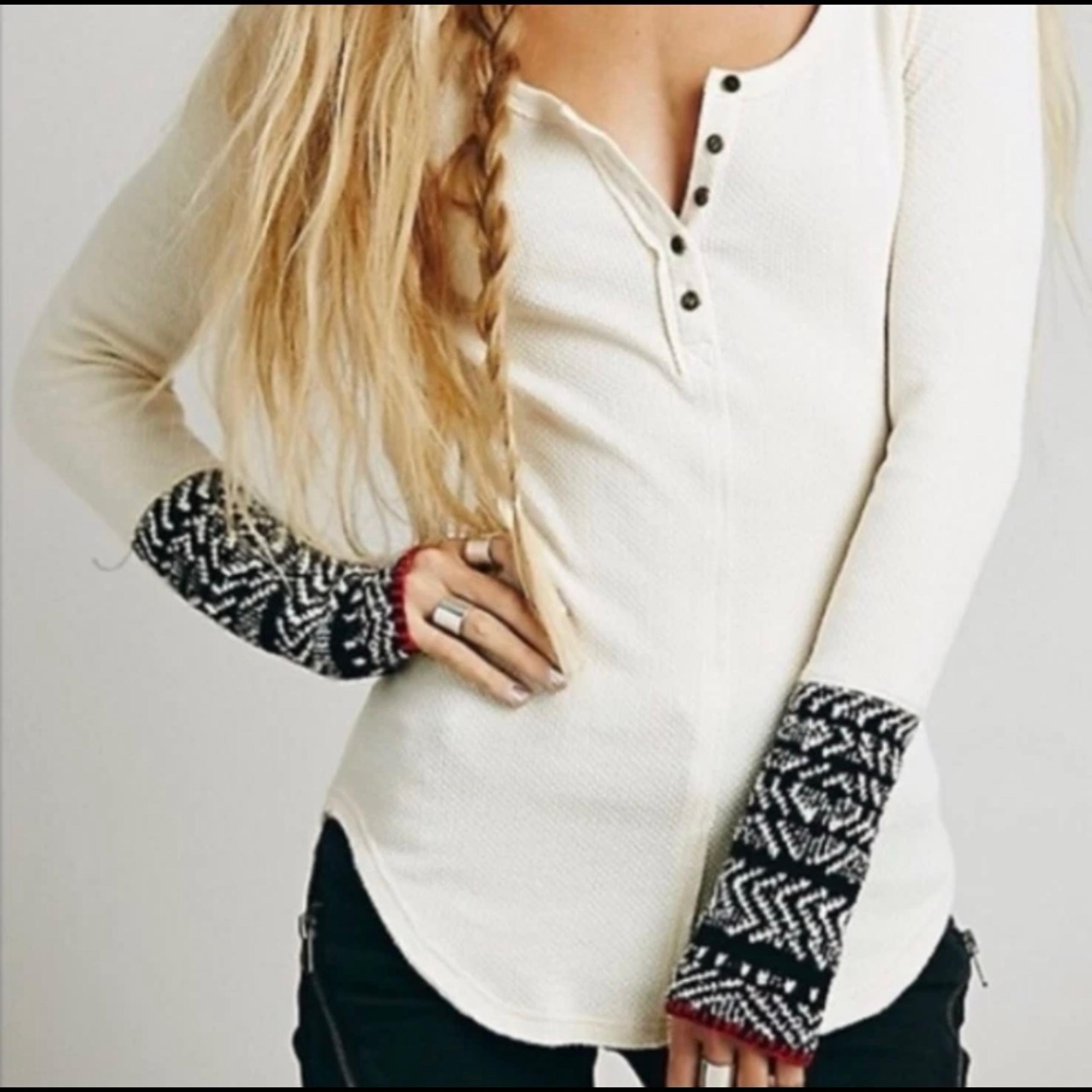 Free People Alpine Cuff Thermal Top Waffle Henley Ivory Nordic Ski Boho Sz M