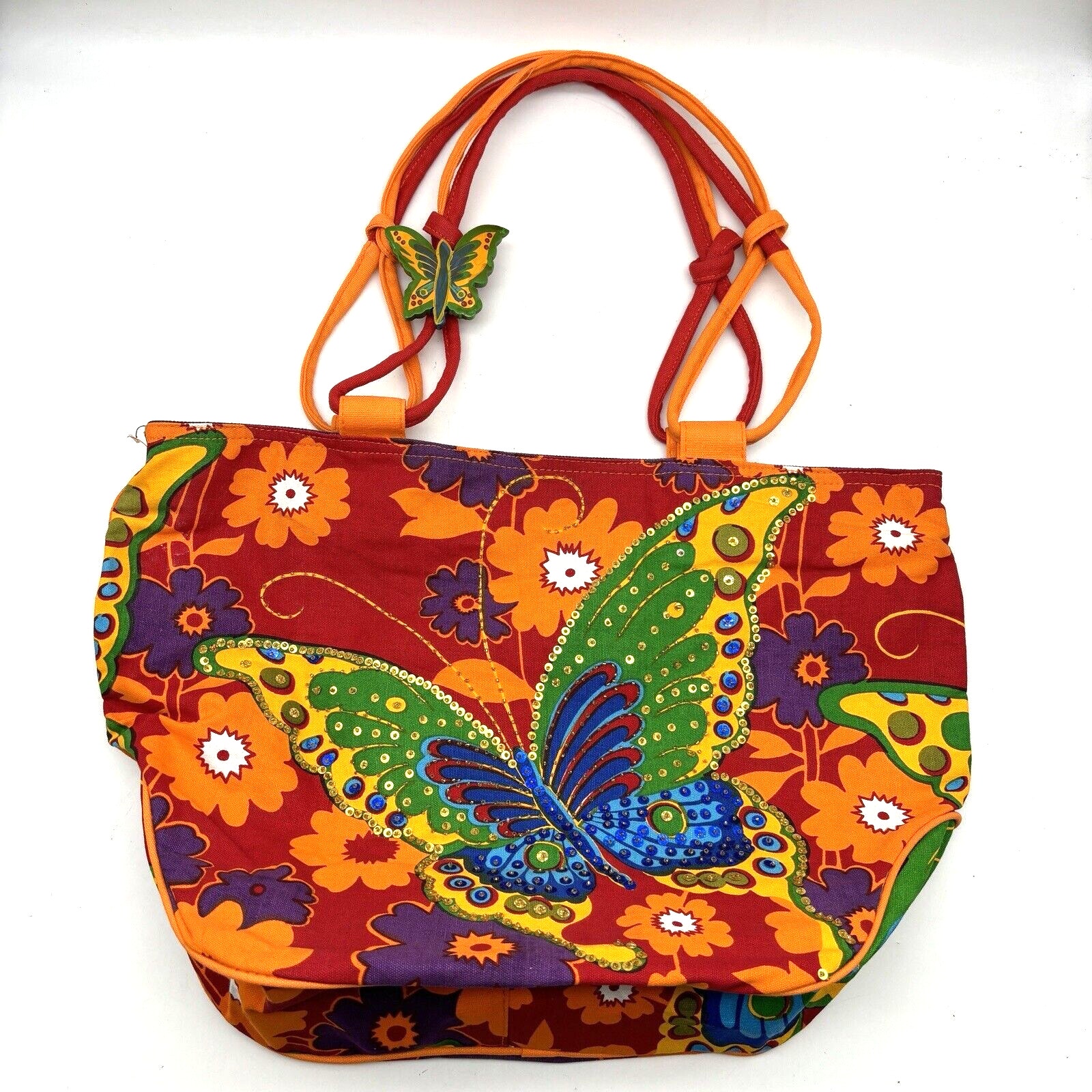 NEW Sun'N'Sand Red Orange Floral Print Sequin Butterfly Jumbo Beach Tote 19x14